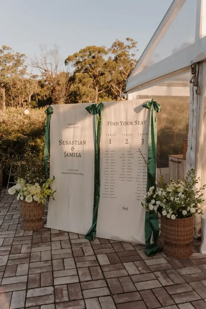Wedding seating chart on a white banner flanked by basket flower arrangements